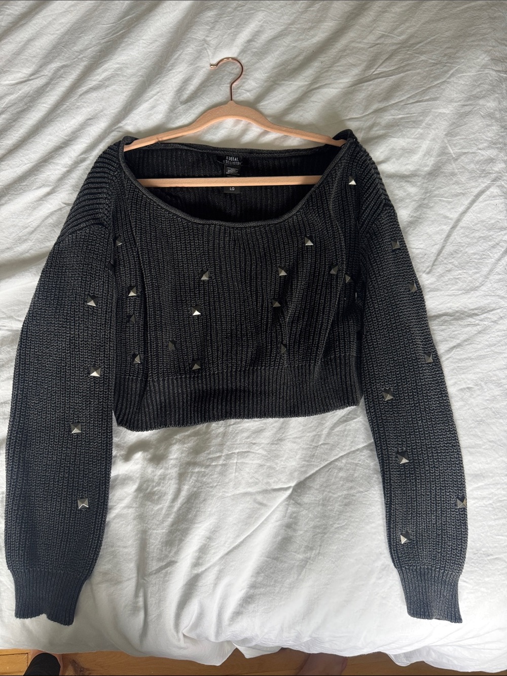 Social Collision Black Studded Off-Shoulder Cropped Sweater